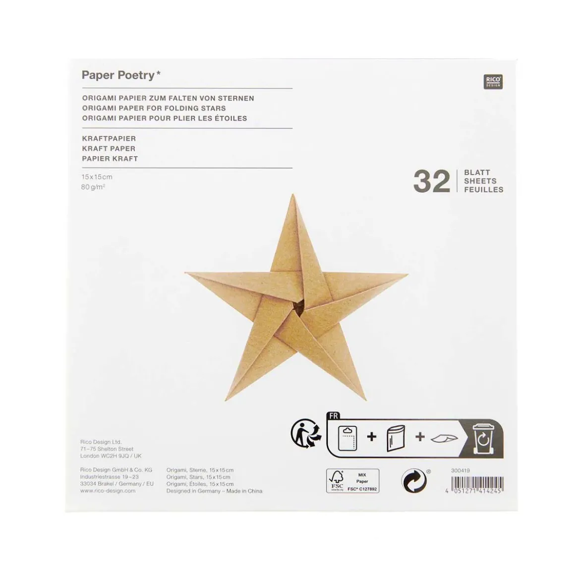 Rico Design Origami Kraftpapier 32 Blatt braun 15x15cm