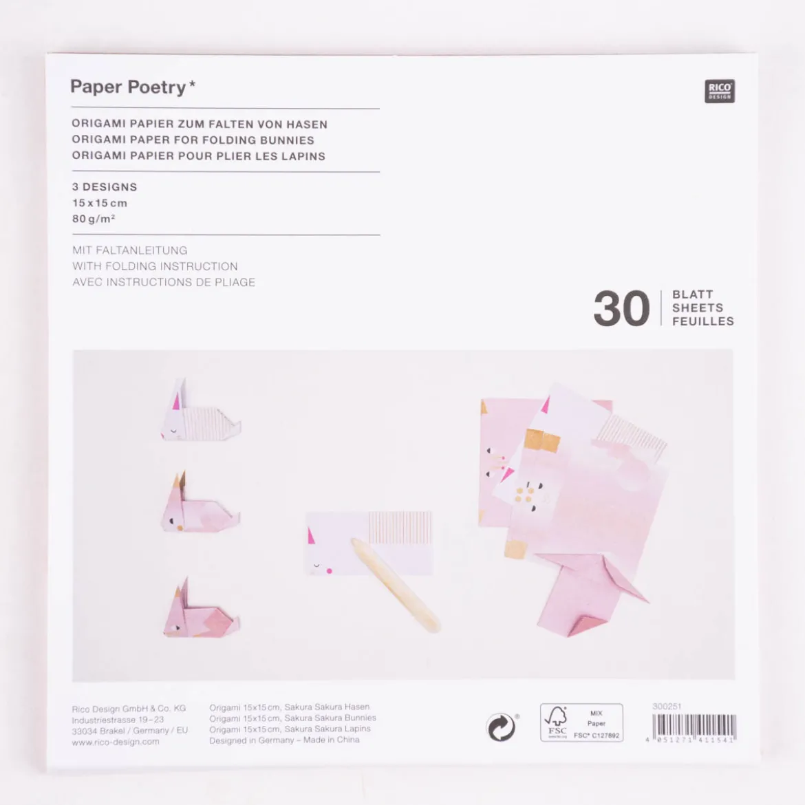 Rico Design Origami Papier Hasen 30 Blatt rosa 15x15cm
