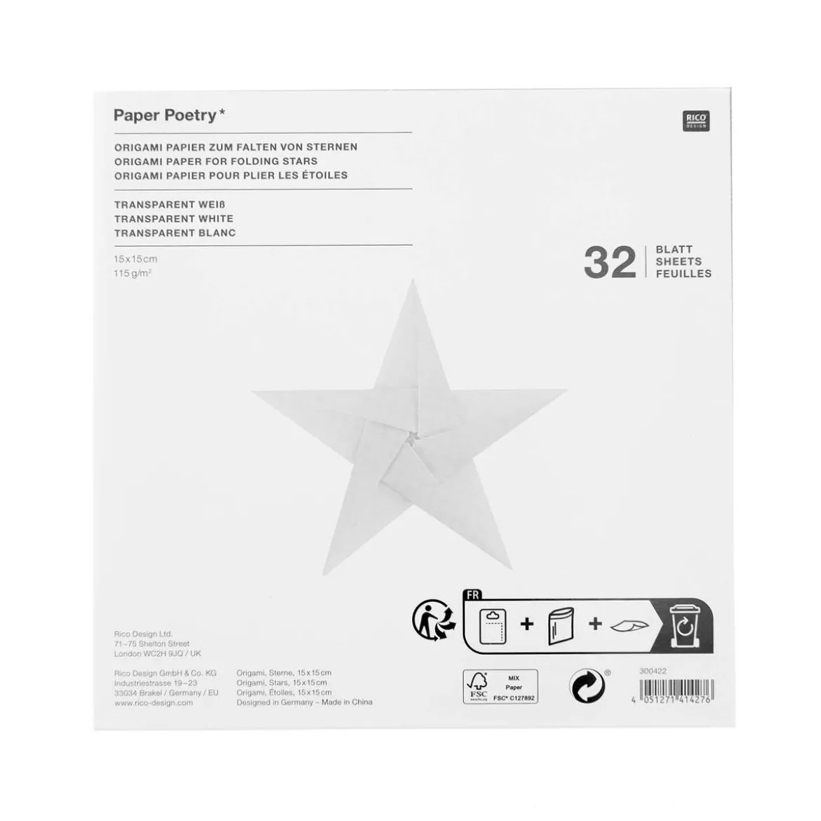 Rico Design Origami Papier Sterne 32 Blatt weiß transparent 15x15cm