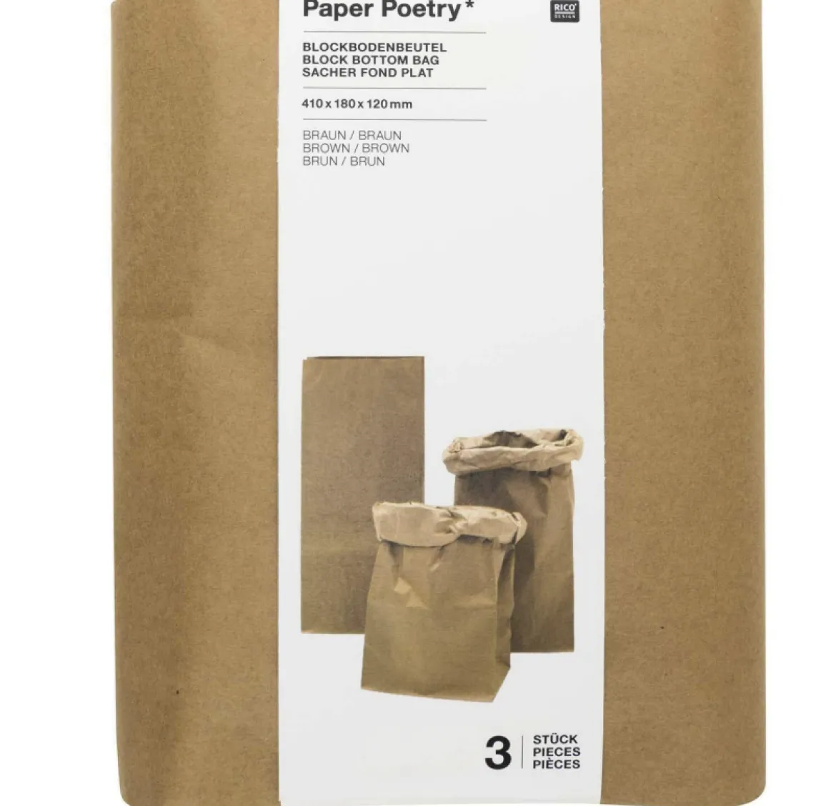 Rico Design Paper Poetry Maxi-Blockbodenbeutel S 41x18x12cm 3 Stück Blockbodenbeutel natur