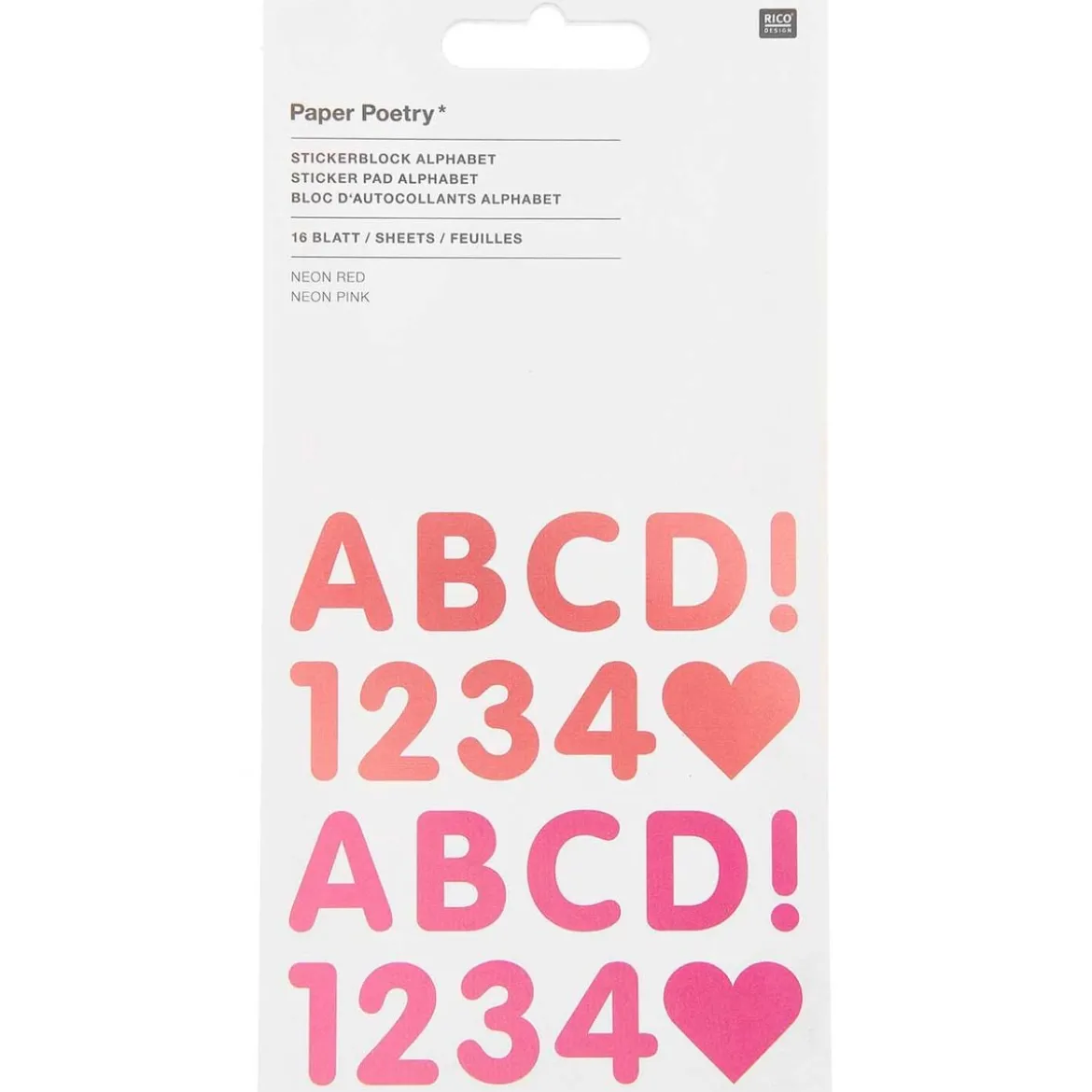 Rico Design Stickerblock Alphabet Neon rot pink 16 Blatt