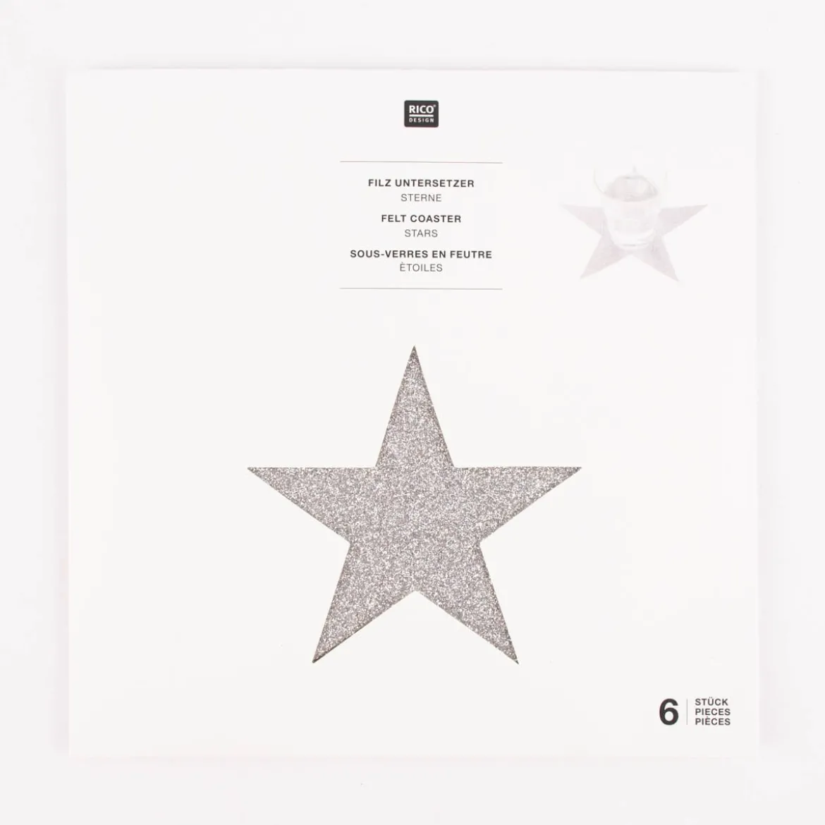 Rico Design Untersetzer Sterne Filz Glitzer silberfarbig 19x18cm 6 Stück