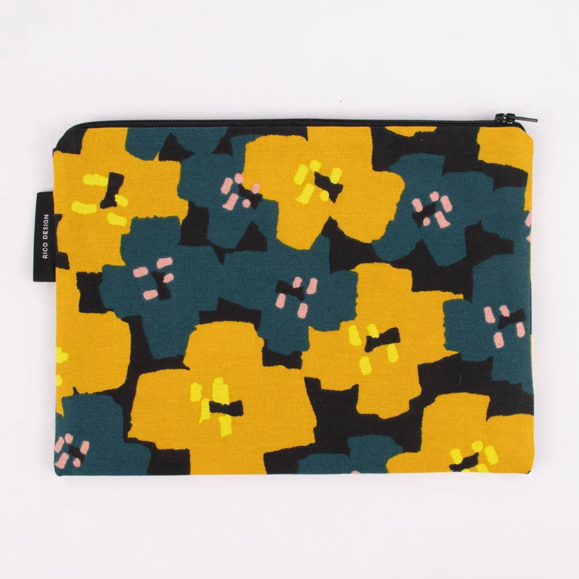 Rico Design Utensilientasche OKINA HANA Blumen schwarz petrol gelb 17x23,5cm