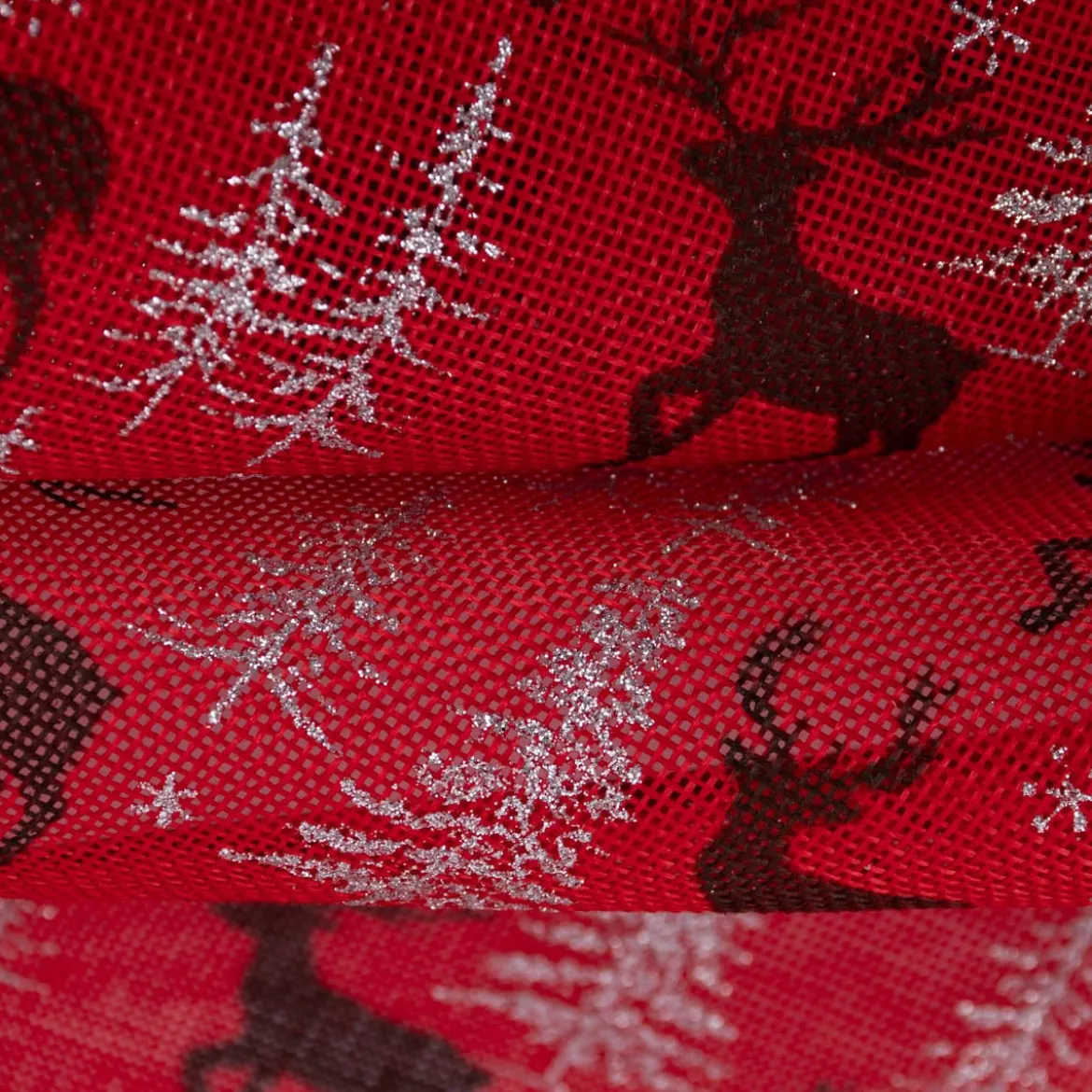 Rupfen Jute Sackleinen Meterware Sternchen Tannenbäumchen Hirsch rot silberfarbig 1,5m Breite