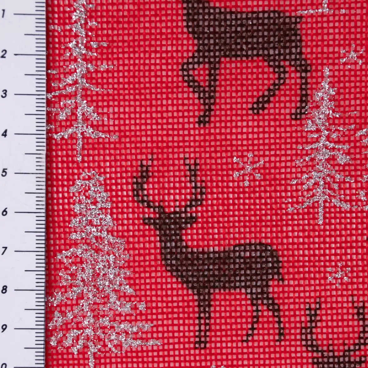 Rupfen Jute Sackleinen Meterware Sternchen Tannenbäumchen Hirsch rot silberfarbig 1,5m Breite