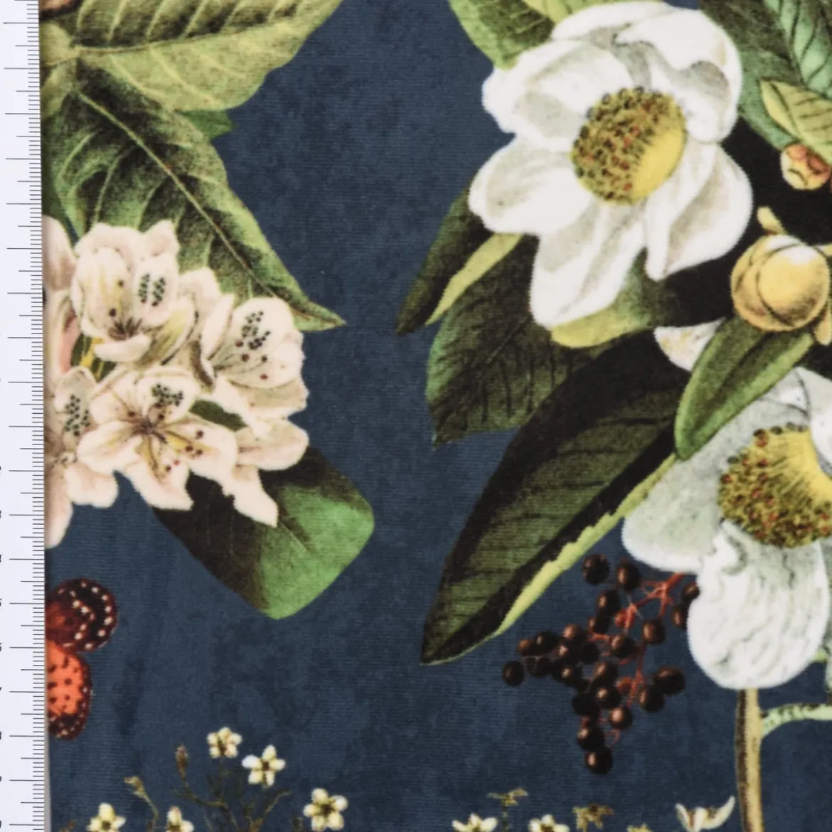Samtstoff Dekostoff Italian Velvet Samt Affe Vogel Blumen blau grün bunt 1,45m