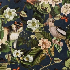 Samtstoff Dekostoff Italian Velvet Samt Affe Vogel Blumen blau grün bunt 1,45m