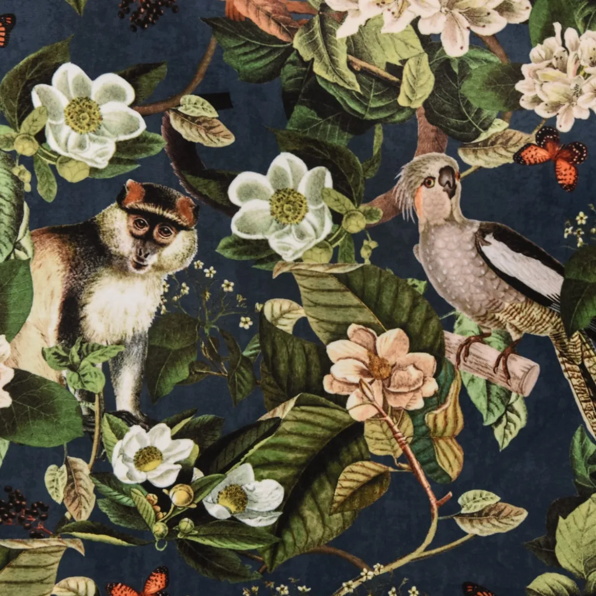 Samtstoff Dekostoff Italian Velvet Samt Affe Vogel Blumen blau grün bunt 1,45m