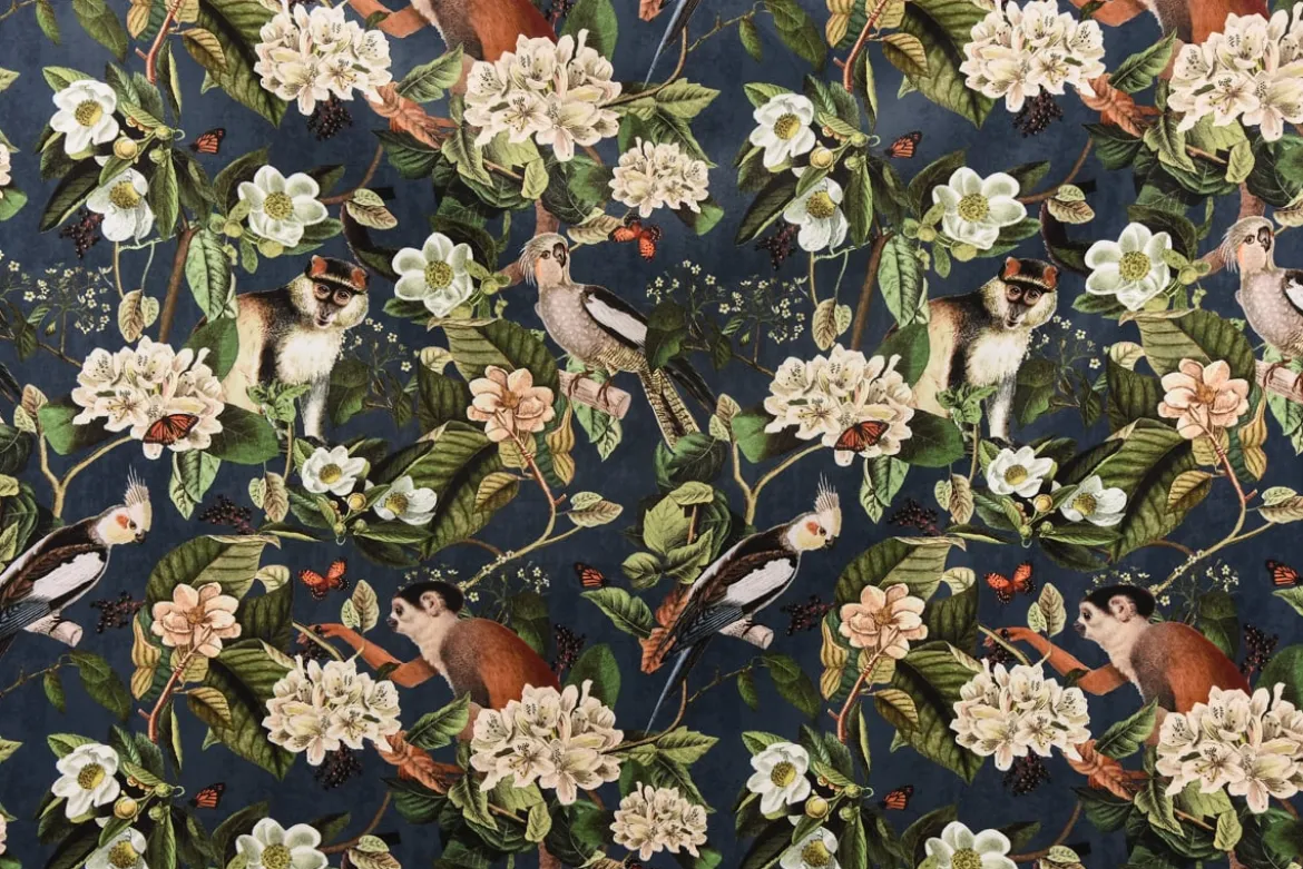 Samtstoff Dekostoff Italian Velvet Samt Affe Vogel Blumen blau grün bunt 1,45m