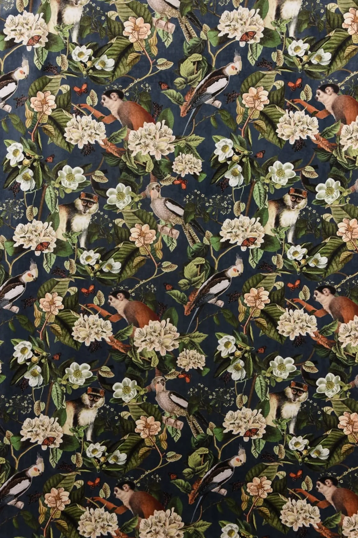 Samtstoff Dekostoff Italian Velvet Samt Affe Vogel Blumen blau grün bunt 1,45m