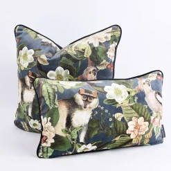 Samtstoff Dekostoff Italian Velvet Samt Affe Vogel Blumen blau grün bunt 1,45m
