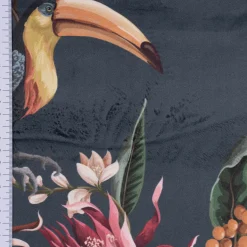 Samtstoff Dekostoff Velvet Digitaldruck Exotik Kakadu Blüten dunkelblau multicolor 1,50m