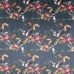 Samtstoff Dekostoff Velvet Digitaldruck Exotik Kakadu Blüten dunkelblau multicolor 1,50m
