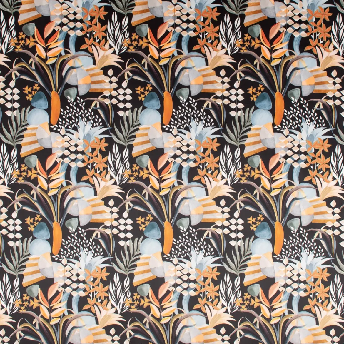 Samtstoff Dekostoff Velvet Digitaldruck Art Deco Blätter Formen schwarz orange 1,50m
