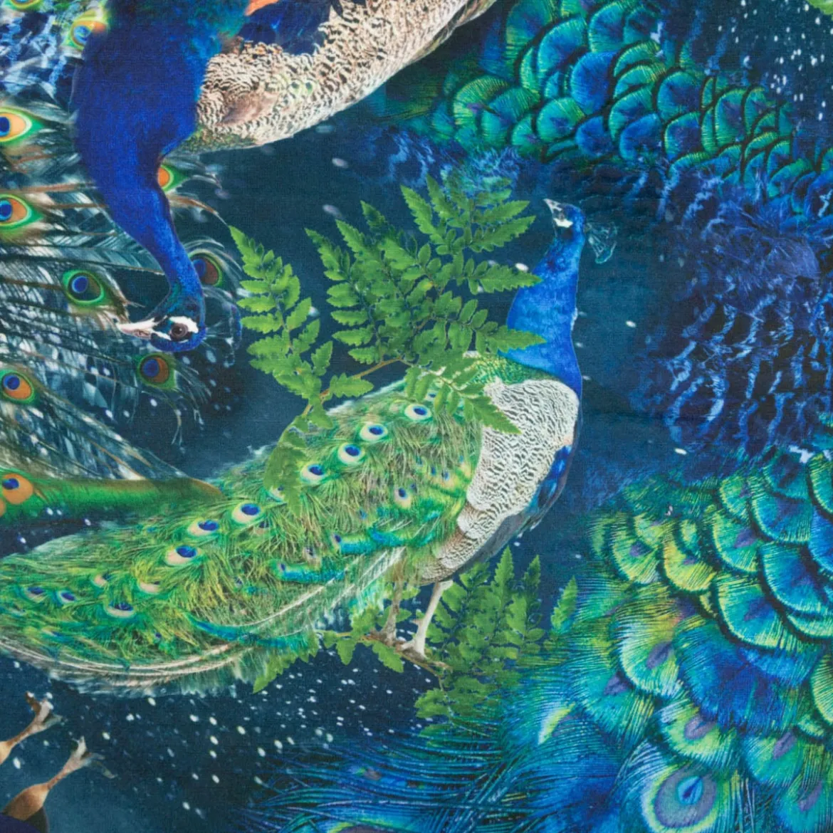 Samtstoff Pfau blau-grün – Digitaldruck mit leuchtendem Design