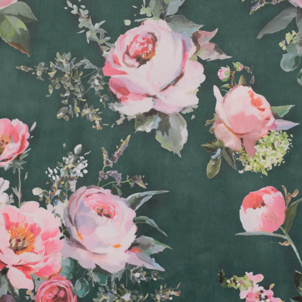 Samtstoff Polsterstoff Deko Velvet Deluxe Roses Delicate Painting Rosen grün rosa 1,40m