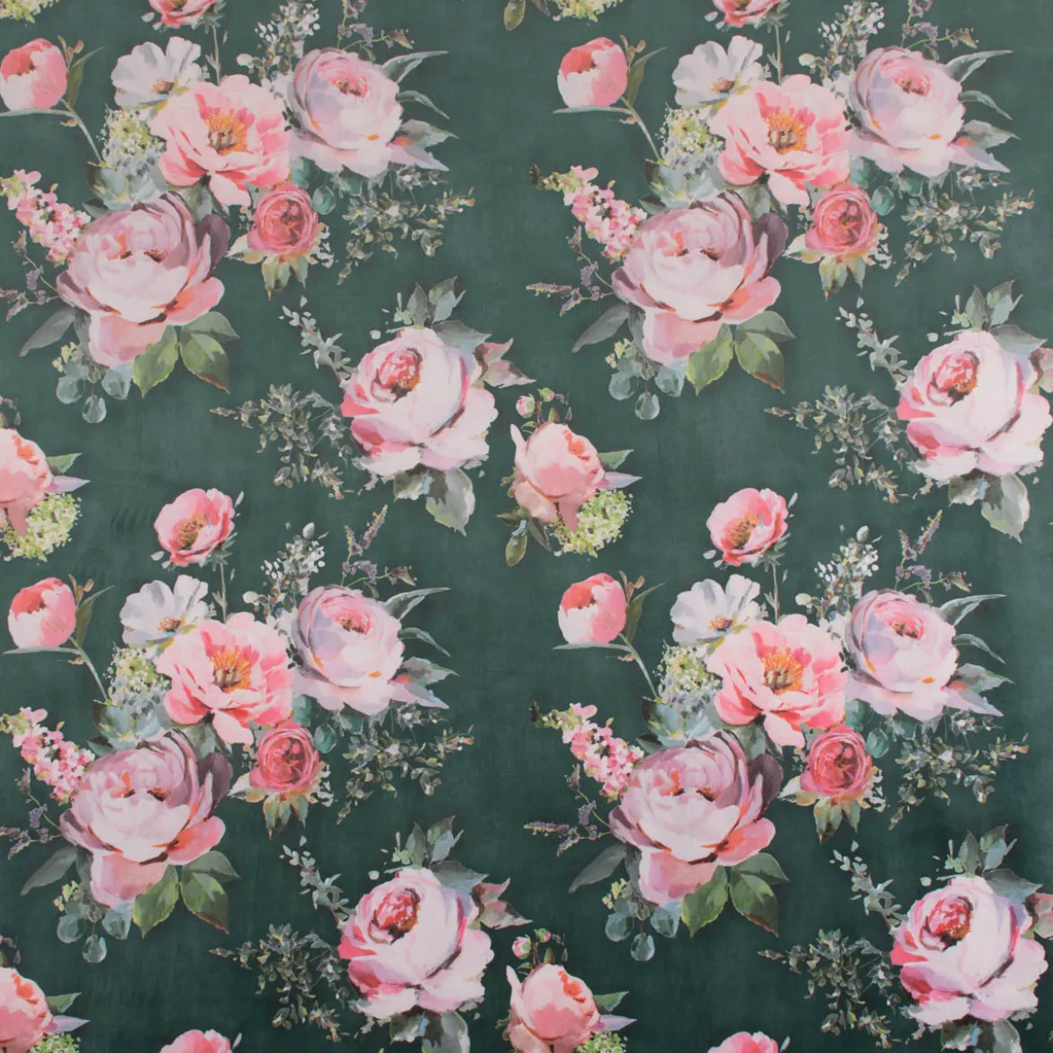 Samtstoff Polsterstoff Deko Velvet Deluxe Roses Delicate Painting Rosen grün rosa 1,40m