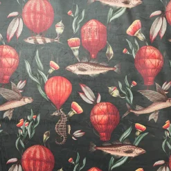 Samtstoff Polsterstoff Dekostoff Velvet Digitaldruck Fische Blumen Heißluftballon dunkelgrün orange 1,40m Breite