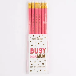 Sass & Belle Bleistift Set Busy being a mum 6 Stück rosa goldfarbig 19cm