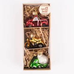 Sass & Belle Dekohänger 3er Set Fahrzeuge Auto Motorrad LKW Glas rot goldfarbig grün