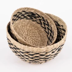 Sass & Belle Deko Schale aus Seegras 2er Set rund Zickzack natur schwarz 25x12cm