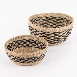 Sass & Belle Deko Schale aus Seegras 2er Set rund Zickzack natur schwarz 25x12cm