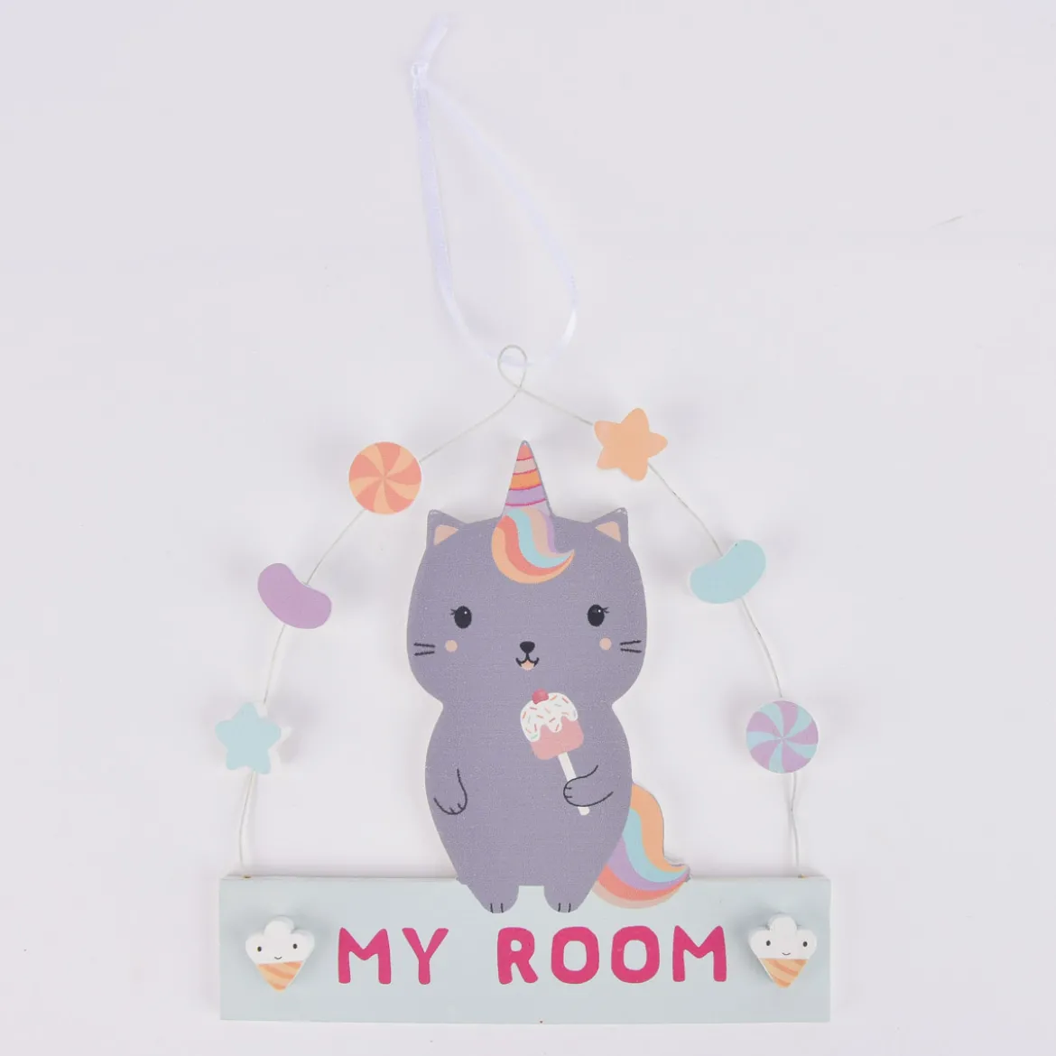 Sass & Belle Schild My Room Katze Regenbogen grau bunt 16,5x18cm