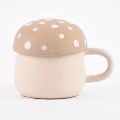 Sass & Belle Tasse mit Deckel Pilz Steinzeug beige natur weiß 320ml