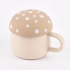 Sass & Belle Tasse mit Deckel Pilz Steinzeug beige natur weiß 320ml