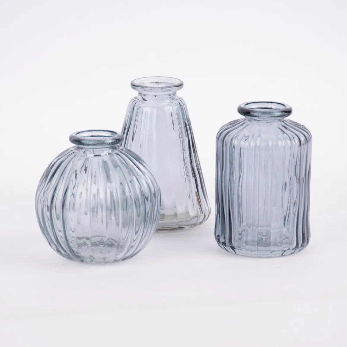 Sass & Belle Vasen klein 3er Set Glas gerillt grau verschiedene Formen