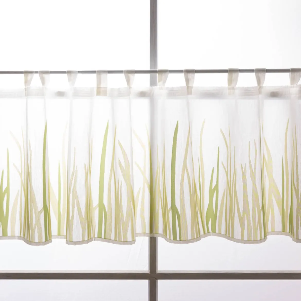 Scheibengardine Breeze transparente Meterware mit Schlaufen Gräser wollweiß grün 46cm Höhe