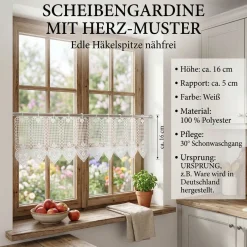 Scheibengardine Häkelgardine Spitze Herz weiß nähfrei 16cm