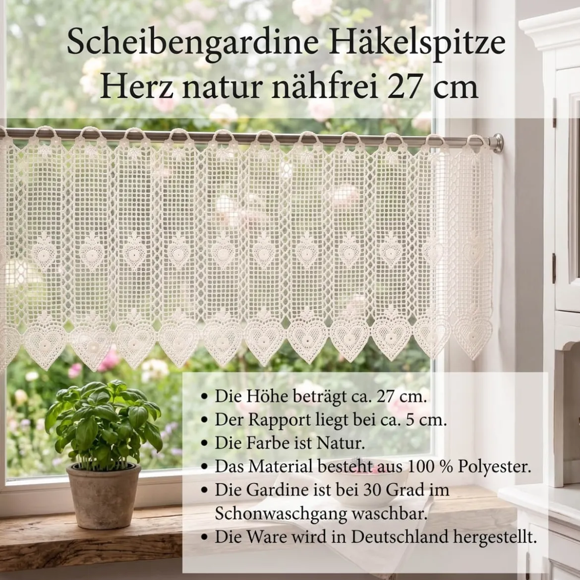 Scheibengardine Häkelgardine Spitze Herz natur nähfrei 27 cm