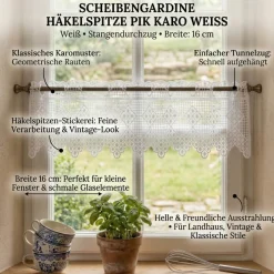 Scheibengardine Häkelspitze Stickerei Pik Karo weiß 16 cm Breite