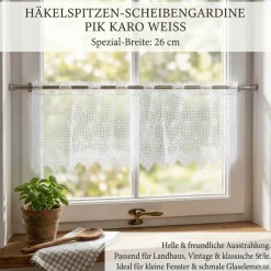 Scheibengardine Häkelspitze Stickerei Pik Karo weiß 26 cm Breite
