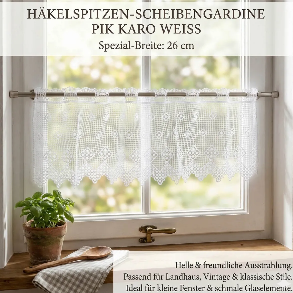 Scheibengardine Häkelspitze Stickerei Pik Karo weiß 26 cm Breite