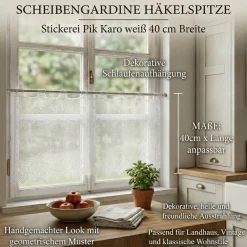 Scheibengardine Häkelspitze Stickerei Pik Karo weiß 40 cm Breite