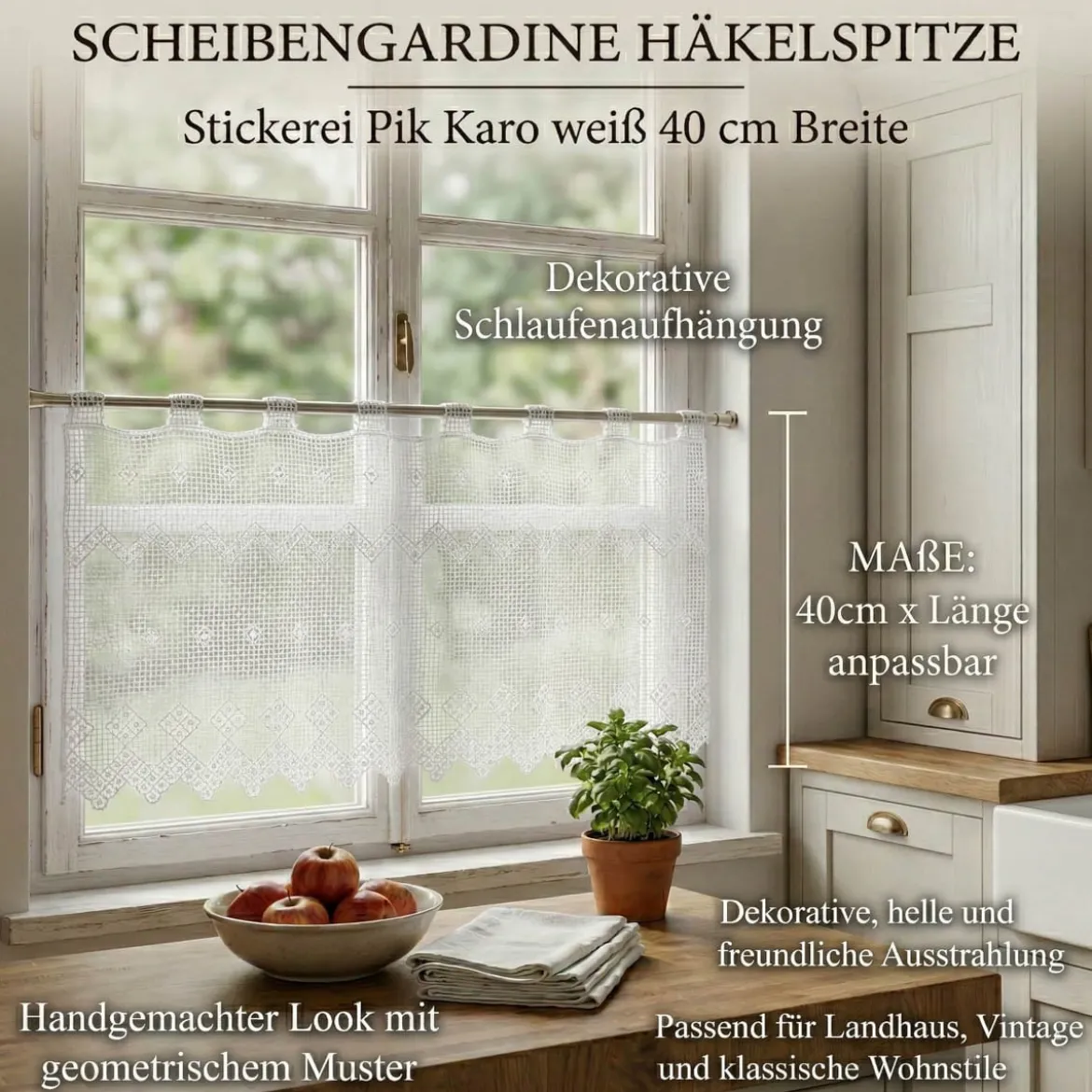 Scheibengardine Häkelspitze Stickerei Pik Karo weiß 40 cm Breite