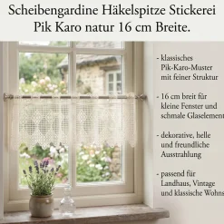Scheibengardine Häkelspitze Stickerei Pik Karo natur 16 cm Breite