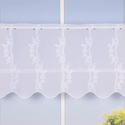 Scheibengardine Meterware Leinenstruktur Voile Stickerei Blumenranke nähfrei weiß 45cm Höhe