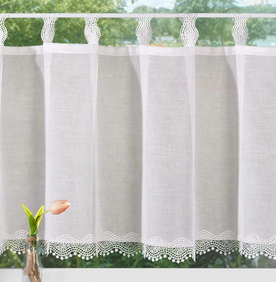 Scheibengardine mit Schlaufen Makramee Spitze weiß 30x140cm (HxB)