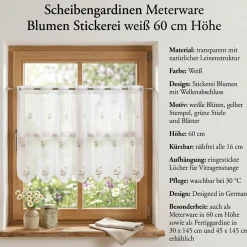 Scheibengardinen Meterware nähfrei Stickerei Blumen weiß 60cm Höhe