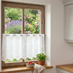 Scheibengardinen Meterware nähfrei Voile Stickerei Abstrakt wollweiß 45cm Höhe