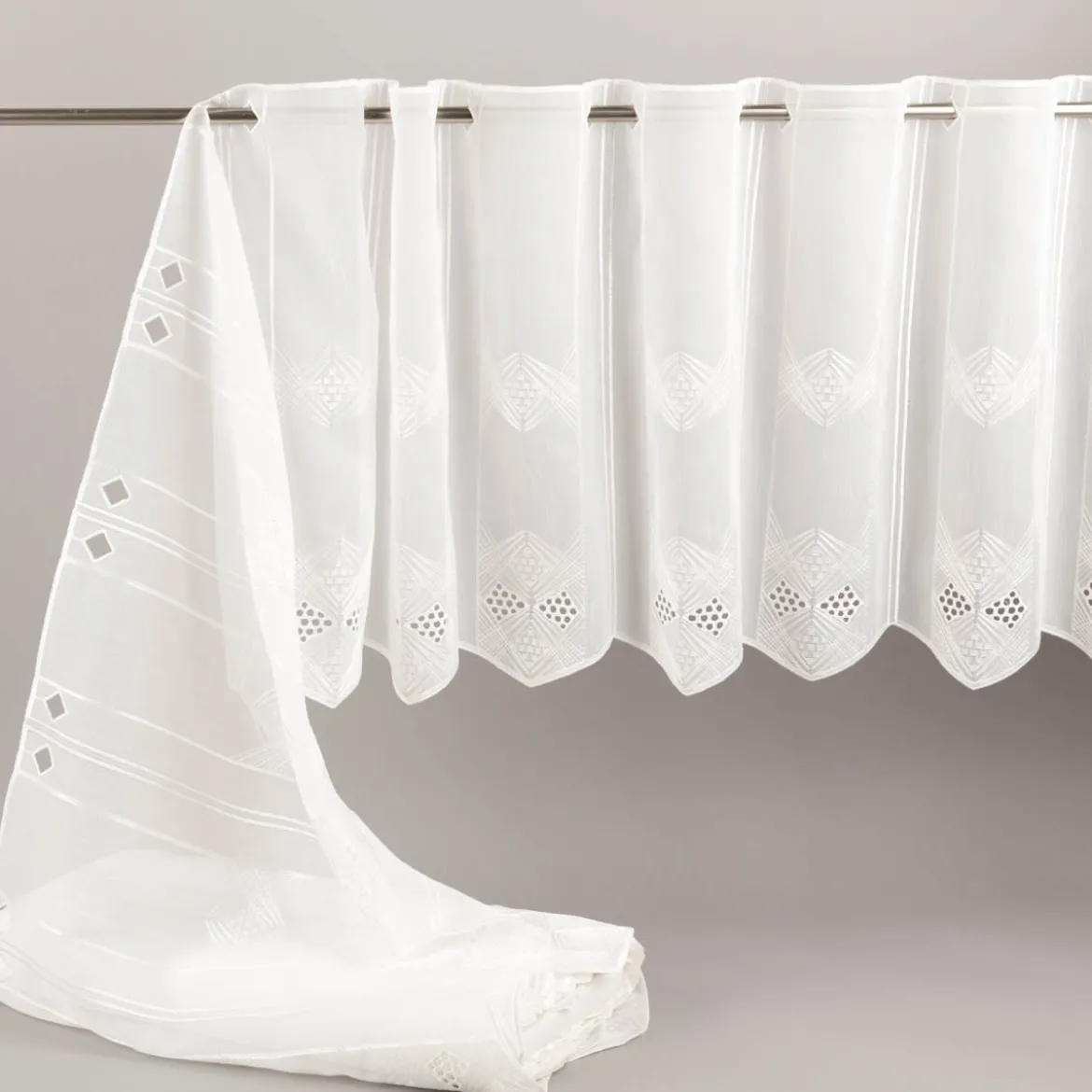 Scheibengardinen Meterware nähfrei Voile Stickerei Abstrakt wollweiß 45cm Höhe