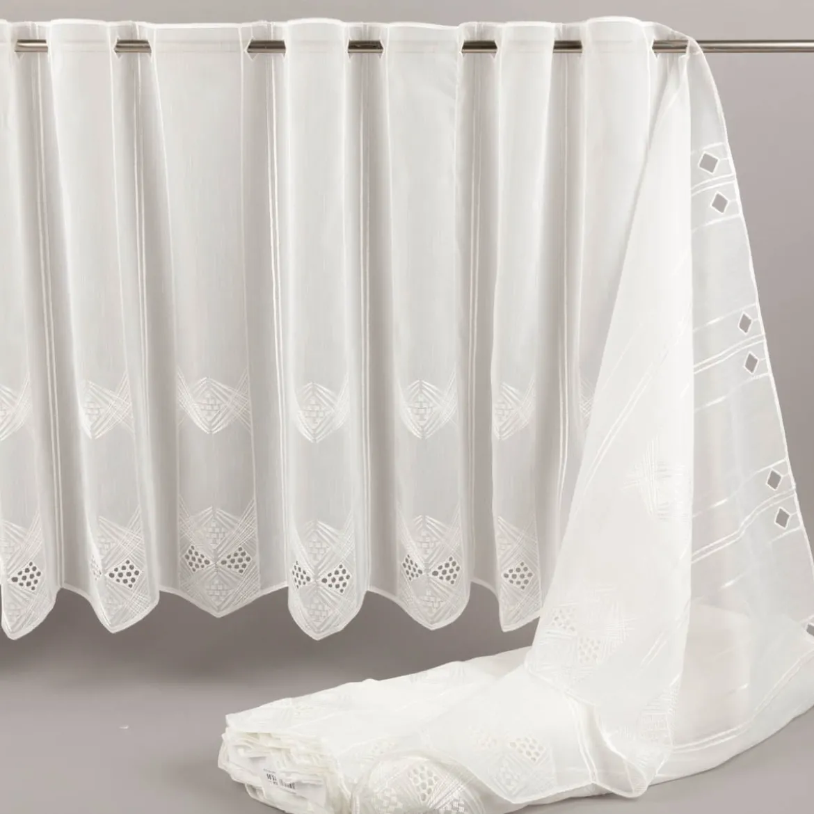 Scheibengardinen Meterware nähfrei Voile Stickerei Abstrakt wollweiß 60cm Höhe