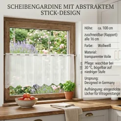 Scheibengardinen Meterware nähfrei Voile Stickerei Abstrakt wollweiß 100cm Höhe