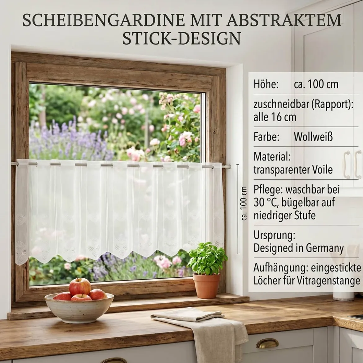 Scheibengardinen Meterware nähfrei Voile Stickerei Abstrakt wollweiß 100cm Höhe
