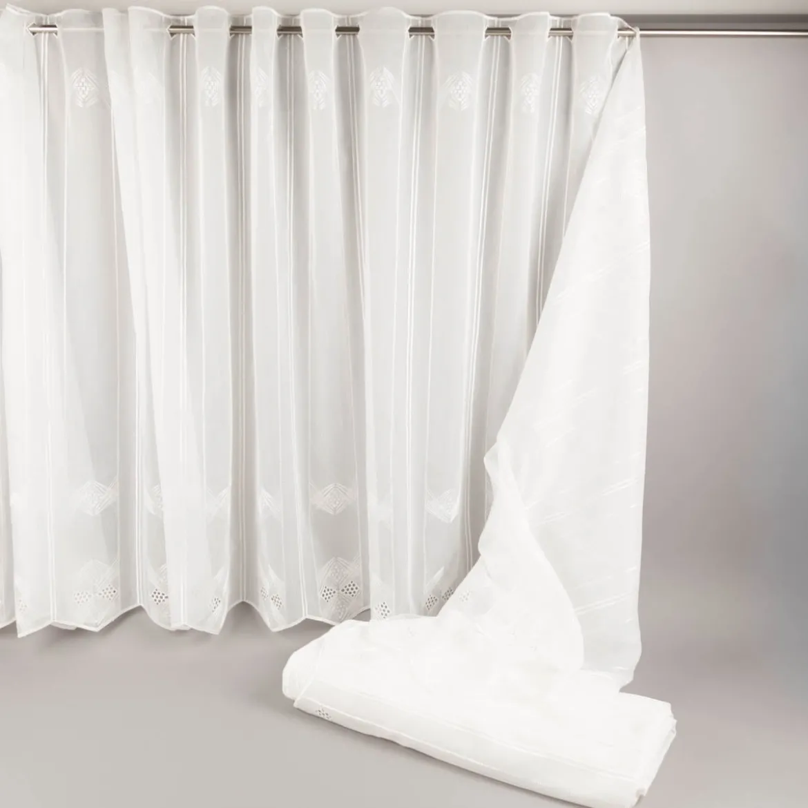 Scheibengardinen Meterware nähfrei Voile Stickerei Abstrakt wollweiß 100cm Höhe