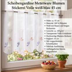 Scheibengardinen Meterware nähfrei Stickerei Voile Blumen weiß blau 45cm Höhe