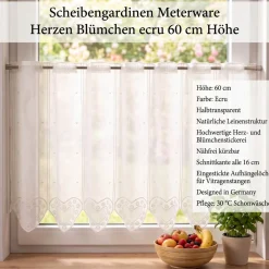 Scheibengardinen Meterware nähfrei Leinenstruktur Stickerei Herz Blümchen ecru 60cm Höhe